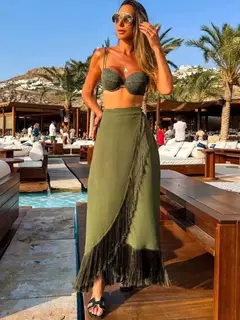 Conjunto de biquíni de três peças, sutiã acolchoado, borla, saia de praia de cintura alta, maiô de verão, moda sexy, monocromático - comprar online