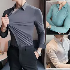 Camisa de spandex fina de manga comprida masculina, manga curta, elástica alta