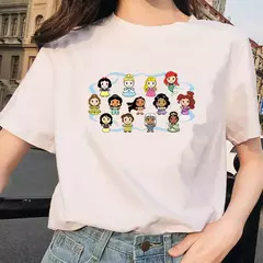 Desenhos animados kawaii feminino com estampa princesa, blusa branca com gola O, manga curta solta, algodão, verão na internet