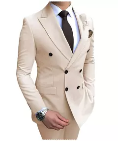 Imagem do 2024 novo terno masculino bege 2 peças duplo breasted notch lapela plana fino ajuste casual smoking para casamento (blazer + calças)