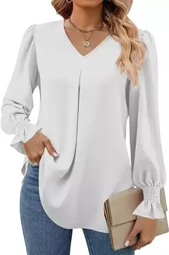 Nova camisa feminina de chiffon de cor sólida com decote em v pulôver queimado manga comprida camisa superior senhora do escritório elegante cáqui blusas soltas - comprar online