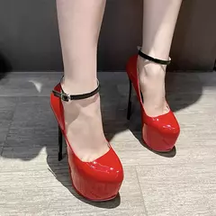 Bombas de salto ultra alto para mulheres, 16cm, alça de tornozelo, plataforma, dedo do pé fechado, vestido sexy, festa de casamento, vermelho, sapatos pretos - comprar online