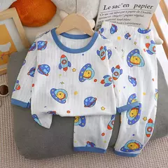 Imagem do Pijama de algodão puro para meninos e meninas, camiseta fina de manga comprida, tops e calças lindos desenhos animados, conjuntos de roupas infantis, verão, novo, 2022