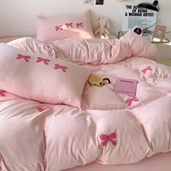 Cute Pink Bows Embroidery Duvet Cover Set, Conjuntos de cama 3D Confortável Rainha Consolador, capas macias para meninas, crianças, adolescentes na internet