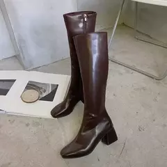 Botas de couro PU na altura do joelho com salto grosso para mulheres, botas longas quentes, sapatos femininos, zíper macio, moda inverno 2023 - loja online