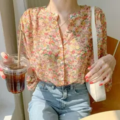 Mulheres elegante impressão chiffon blusa primavera verão casual manga longa com decote em v camisa solta senhora do escritório botão doce topos 2023