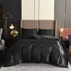 Luxo Satin Duvet Cover Set, conjuntos de cama, seda rica, sedosa, macio, sólido, sem rugas, Sexy Honeymoon, Queen Black Series, 3pcs