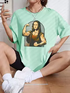 Camiseta de algodão de manga curta feminina, estampa fitness, extragrande, casual, solta, jogando jogadores na Mona Lisa - loja online