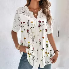 Temperamento casual rendas mulher camisa moda solta camisa mulher elegante manga curta blusa férias fim de semana - comprar online