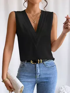 Moda feminina verão novo multi-nível com decote em v cor sólida regata camisa elegante feminino branco sem mangas blusa casual - loja online