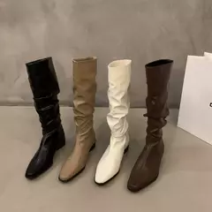 Botas altas para o joelho feminino, sapatos femininos, dobras deslizantes, salto baixo, dedo do pé redondo, plano, longo, moda, outono, inverno na internet