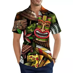 Camisas Tiki de mangas curtas masculinas, estampa 3D, tendência legal da moda, tops havaianos para festas na praia, tops soltos e respiráveis, 2024 na internet