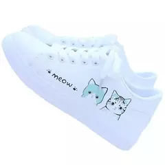 Tênis feminino com cordões, sapatos casuais, sapatos de PU estampados, gato fo