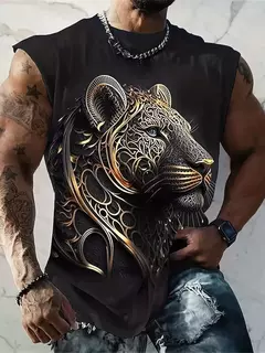 Camisola de alças estampada 3D leão tigre masculina, poliéster, versátil, casual, dominante na rua, gola redonda, sem mangas, primavera, verão, novo - Wolf Magazine