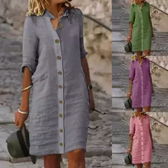 Saia Midi de Algodão Elegante Feminino, Vestido Casual, Manga Curta, Comprimento Médio, Decote V, Lady Robe, Vestidos de Verão, S-XL, 2022 na internet