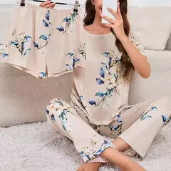 Imagem do Conjunto de pijama de manga curta feminina, top gola redonda, shorts e calças, lounge wear, roupa de dormir, casual, estampado, 3 peças