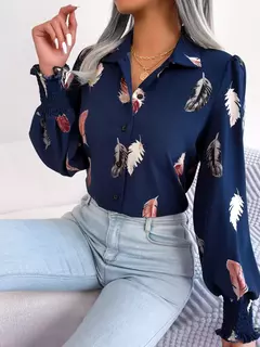 Mulheres Casual Pena Imprimir Collar Manga Longa Camisa Branco Rosa Azul - comprar online