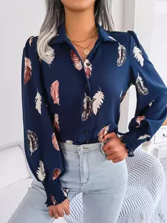 Mulheres Casual Pena Imprimir Collar Manga Longa Camisa Branco Rosa Azul na internet