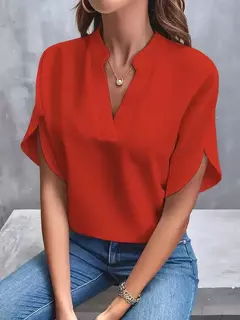 Top de mangas com decote em v sem ombro feminino, camisa preta, blusa de chiffon, elegante, escritório, cor sólida, verão, novo, moda, Y2K - comprar online