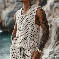 Imagem do Conjunto masculino casual de duas peças de malha, tops soltos e shorts sólidos, terno esportivo de praia, streetwear oco, moda, verão, 2024