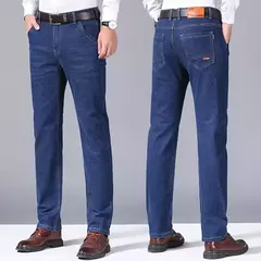 Calça jeans solta reta com elásticos, justa, elástica, calça casual, jeans, azul, preta, streetwear comercial para homens - loja online