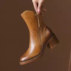 Botas de plataforma chelsea para mulheres, salto robusto, dedo do pé redondo, marrom, ankle boots, salto alto, couro, ao ar livre, novo