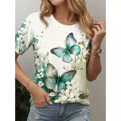 Camiseta colorida com padrão de borboleta feminina, camisetas estampadas com flores 3D, camiseta solta na moda, manga curta, tops redondos com pescoço, vívido - loja online