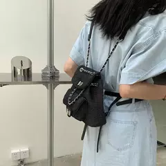 Mochila denim de rede diamante fivela de grande capacidade, bolsa de mão