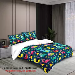 Imagem do Dinossauro Padrão Impresso Bedding Set, Desenhos Animados, Adequado para Quarto do Menino, Rainha, Rei, Twin Bed, 1 capa de edredão + 2 fronha, 3Pcs