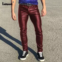 Calça masculina sexy de couro PU, calça clubwear, calça justa de festa, calça falsa preta vermelha, estilo americano e europeu, moda, 2023