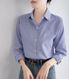 Camisa feminina manga comprida listrada azul, feminina de escritório, moda casual, solta, primavera, outono - loja online