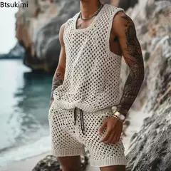 Conjunto masculino casual de duas peças de malha, tops soltos e shorts sólidos, terno esportivo de praia, streetwear oco, moda, verão, 2024