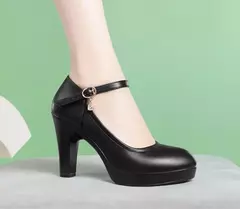 Bombas plataforma de salto bloco para mulheres, salto alto com fivela, sapatos femininos, elegantes sapatos pretos de escritório, primavera, outono, 2023 na internet