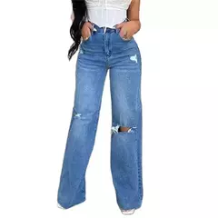 Joelho feminino quebrado buracos jeans reto, calça jeans de cintura alta, feminina solta de perna larga, confortável, moda casual, tendência - Wolf Magazine