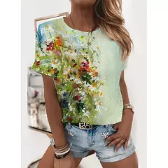 Imagem do Camiseta explosiva estampada em girassol 3D para mulheres, gola redonda, fosca, flor, moda, novo produto, 2024