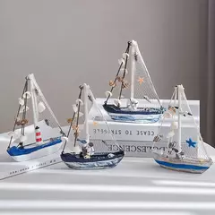 Imagem do Modelo de barco a vela de madeira estilo mediterrâneo, artesanato ornamentos, acessórios de decoração para casa, decoração da sala, presentes 19cm