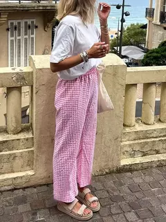 Calça xadrez casual feminina com cordão, cintura alta, calça reta, roupa diária, amiga da pele, moda verão, nova, venda quente