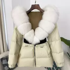 Imagem do Oftbuy 2024 jaqueta de inverno feminina gola de pele de raposa natural real com capuz grosso quente 90% pato branco para baixo casaco feminino streetwear casual