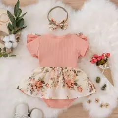 Vestido para a menina do verão, macacão listrado, roupa do algodão, projeto floral, para o recém-nascido na internet