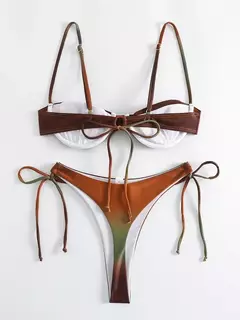 Fato de banho plissado com cordão feminino, biquínis arco, maiô sexy, banhista, conjunto de biquíni gradiente, moda verão, 2 peças