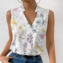 Blusa feminina com gola v sem mangas estampada, blusa branca, camisa casual feminina, moda verão, 2023 - Wolf Magazine