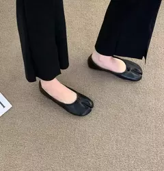 Imagem do Mocassins de couro aconchegantes estilo japonês para mulheres, sapatilha de bailarina feminina, casco dividido, ninja tabi flats, Mary Jeans, sapato mocasines