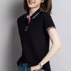 Camisa polo feminina de algodão solto, manga curta, blusa esportiva casual com lapela, camisa de negócios preto e branco, verão feminino