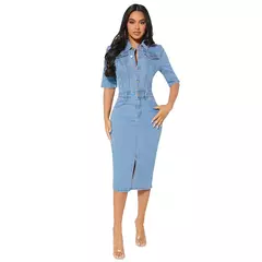 Vestido feminino de comprimento médio com botões elásticos, saia jeans, saia de quadril, manga curta, tendência, outono na internet