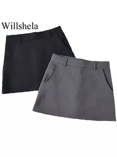 Willshela-Mini saia feminina monocromática com zíper traseiro A-Line, cintura alta, saias chiques femininas, moda vintage