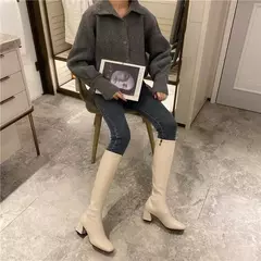 Botas de couro PU na altura do joelho com salto grosso para mulheres, botas longas quentes, sapatos femininos, zíper macio, moda inverno 2023 na internet