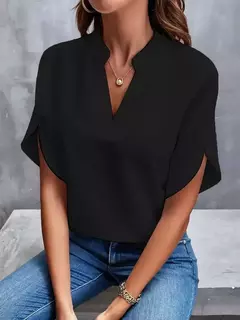 Blusa feminina elegante de manga curta com decote em v, camisa solta de cor sólida, tops brancos casuais, senhora do escritório, nova, verão na internet