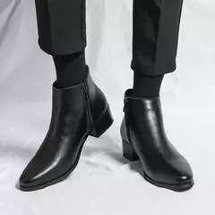 Salto alto de couro genuíno masculino, sapato de zíper lateral, botas masculinas elegantes, moda casual, alta qualidade