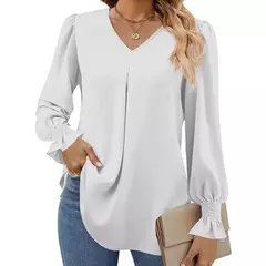 Nova camisa feminina de chiffon de cor sólida com decote em v pulôver queimado manga comprida camisa superior senhora do escritório elegante cáqui blusas soltas