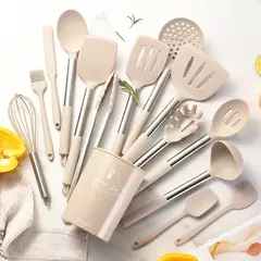 Conjunto De Utensílios De Cozinha De Silicone Preto, Panelas Antiaderentes, Punho De Aço Inoxidável, Espátula, Batedores De Ovo, Acessórios De Utensílios De Cozinha, 15Pcs - comprar online